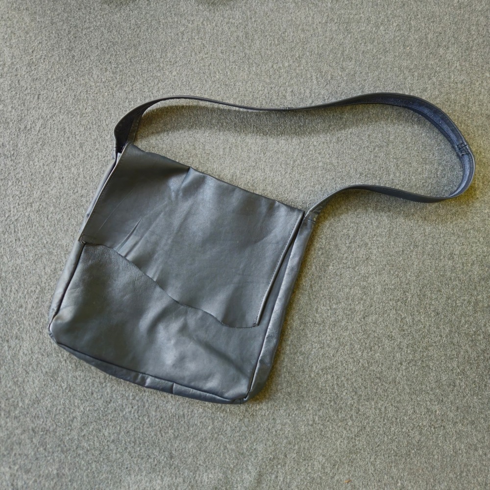 Large Crossbody Soft Leather Bag Midnight Blue Black Raw Edge Minimal Lagenlook
